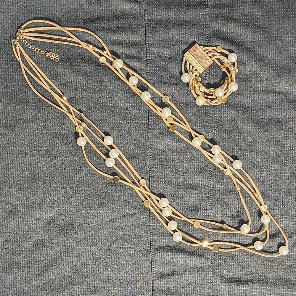 Leather Necklace Bracelet Set Multi-strand Pearl White Bead Gold-tone Discs Boho